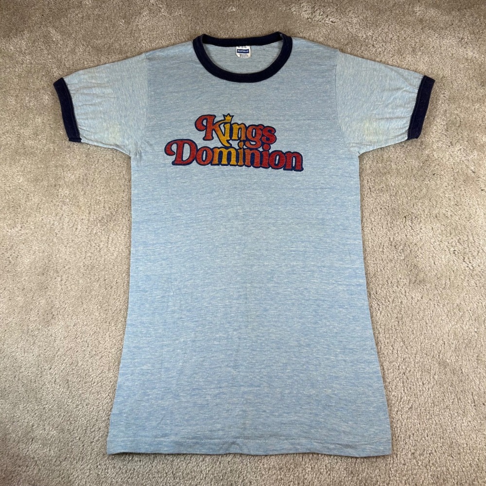 Vintage 70s Healthknit Kings Dominion T-Shirt Men M Light Blue Ringer Theme Park